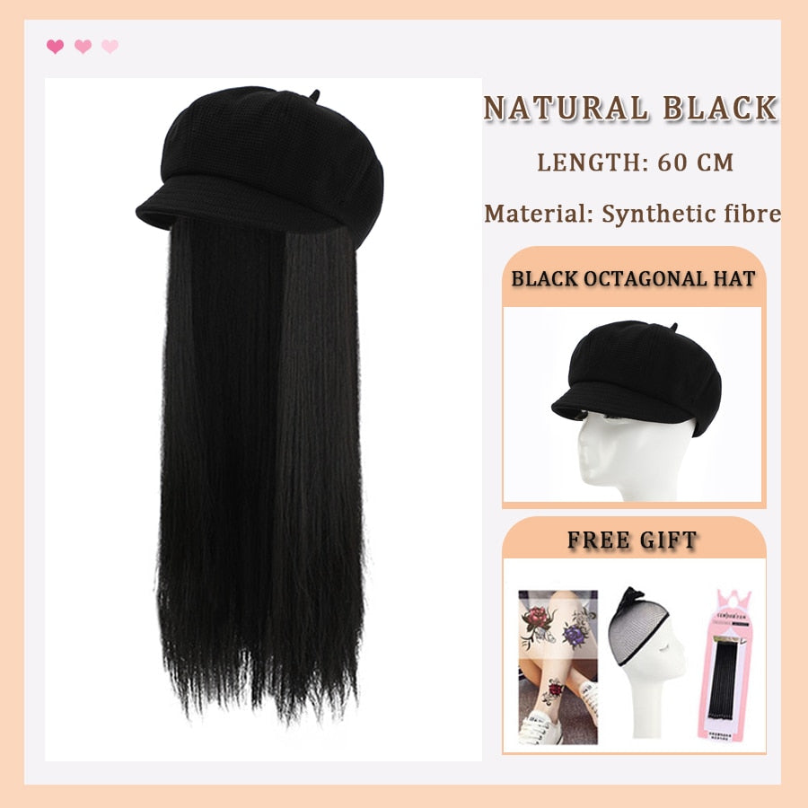 Black White Baseball Cap with Wig Long Straight Hair Curly Hair Hat Wig