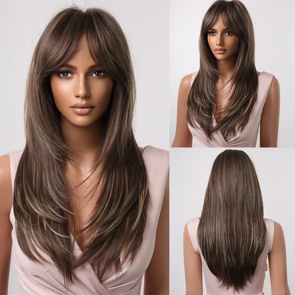 Medium Length Brown Highlight Layered Synthetic Wigs Natural Straight Hairs Wig