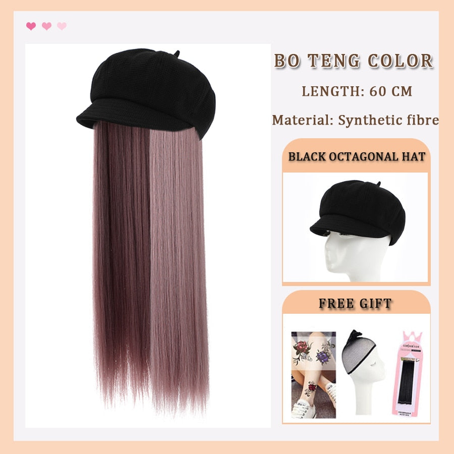 Black White Baseball Cap with Wig Long Straight Hair Curly Hair Hat Wig