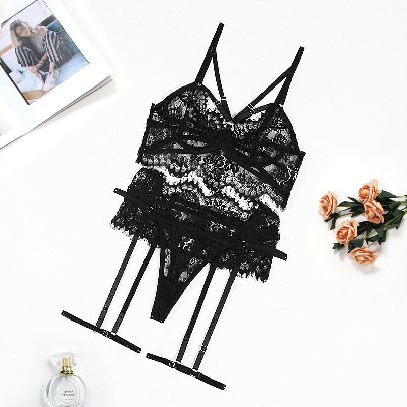 Sheer Lace Lingerie Women Halter Fancy Lace Garter Belt Bra + Panty Underwear Set Sexy Intimates Set