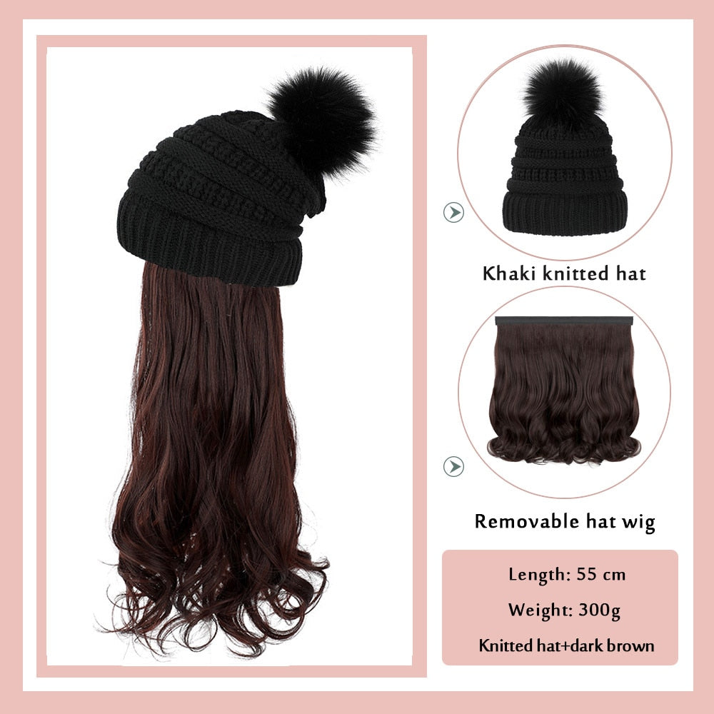 Black White Baseball Cap with Wig Long Straight Hair Curly Hair Hat Wig