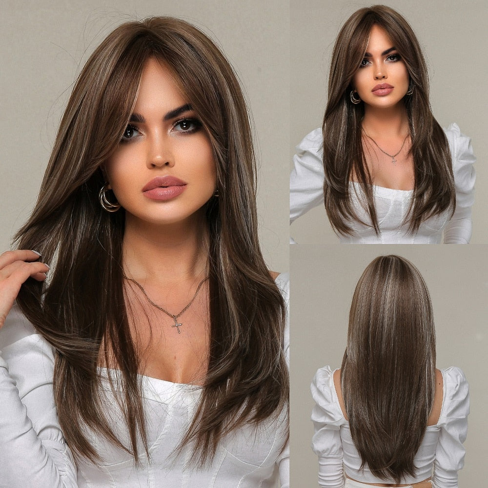 Pink Brown Ombre Straight Medium Lenght Synthetic Wigs