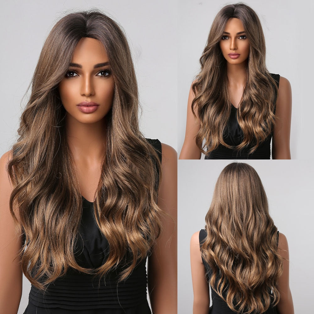 Brown Long Curly Wavy Synthetic Wigs with Blonde Highlights