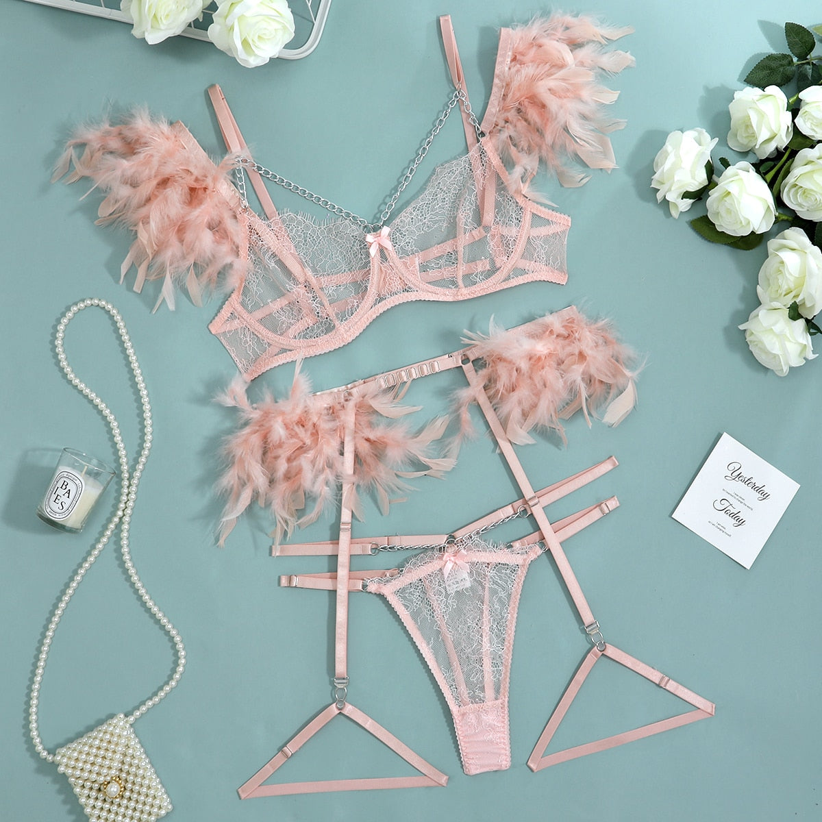 3-Piece Feather Decorated Lace Exotic Sets Women Sexy Lingerie Set Chain Panty Garter Fancy Luxury Kit