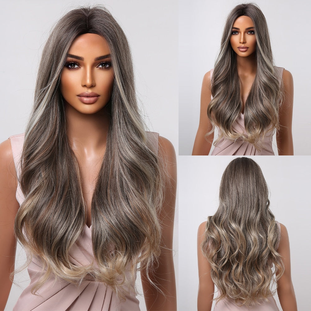 Brown Long Curly Wavy Synthetic Wigs with Blonde Highlights