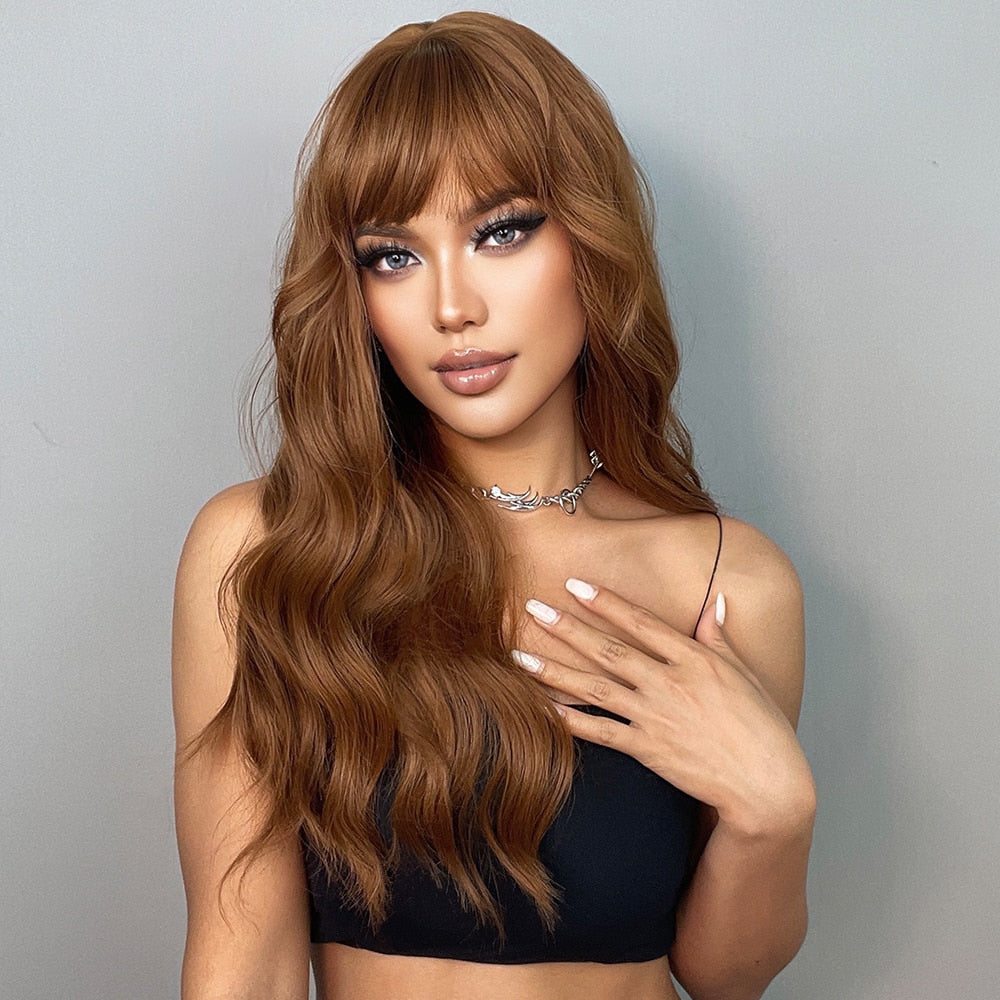 Long Wavy Ginger Brown Synthetic Wigs with Bangs