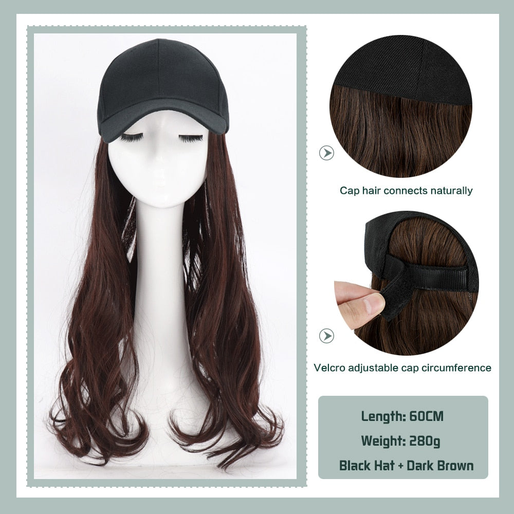 Black White Baseball Cap with Wig Long Straight Hair Curly Hair Hat Wig