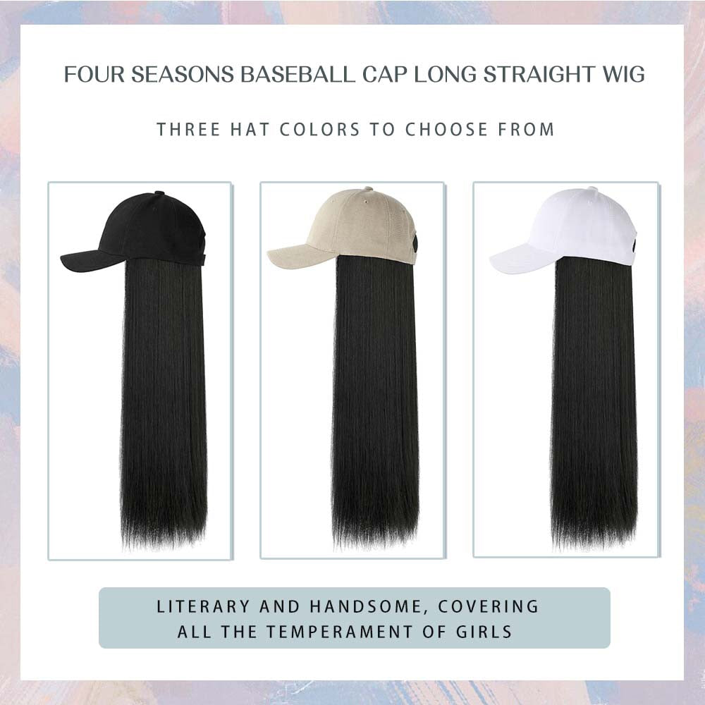 Black White Baseball Cap with Wig Long Straight Hair Curly Hair Hat Wig