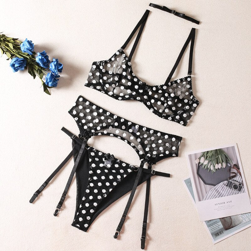 Dot Mesh Lingerie Set Women 4-Piece Fashion Choker Erotic Set Transparent Sexy Garter Brief Kit