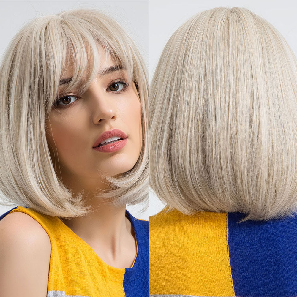 Golden Brown Short Straight Bob Synthetic Wigs with Bangs