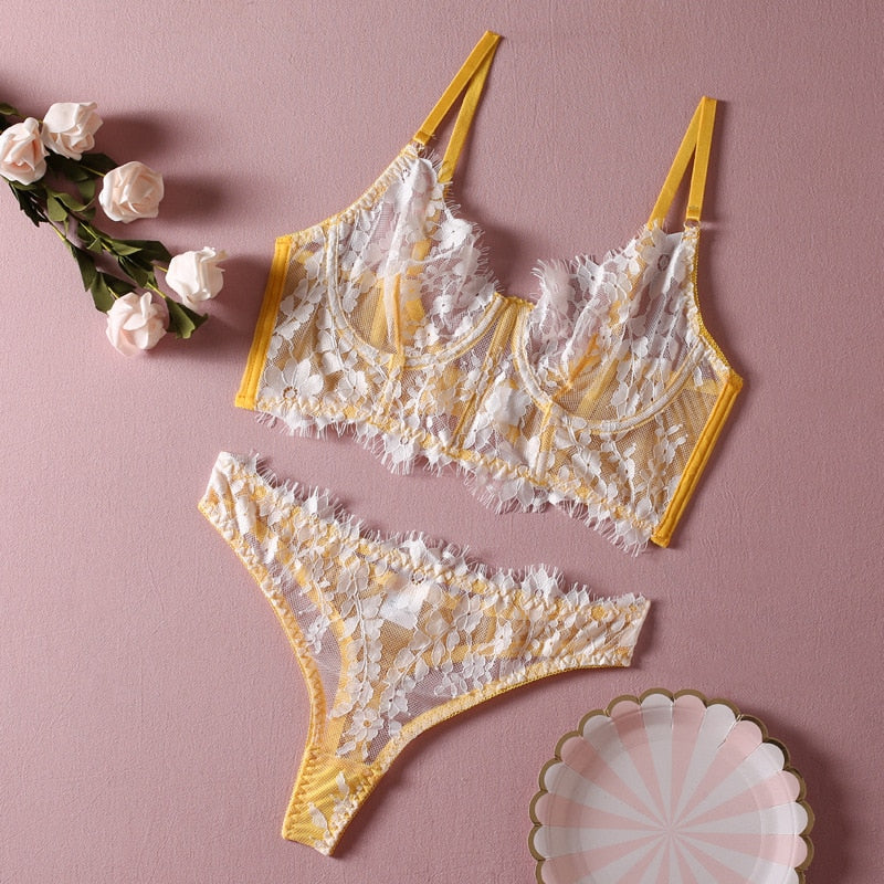 2-Piece Lace Bra Set Women 3 Colors Transparent Camisole Brief Lingerie Set Erotic Set