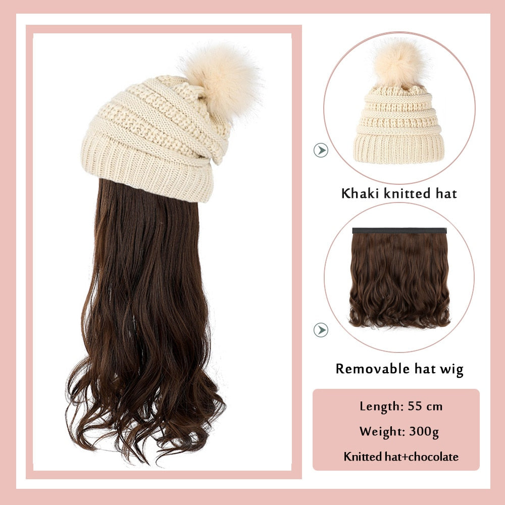 Black White Baseball Cap with Wig Long Straight Hair Curly Hair Hat Wig