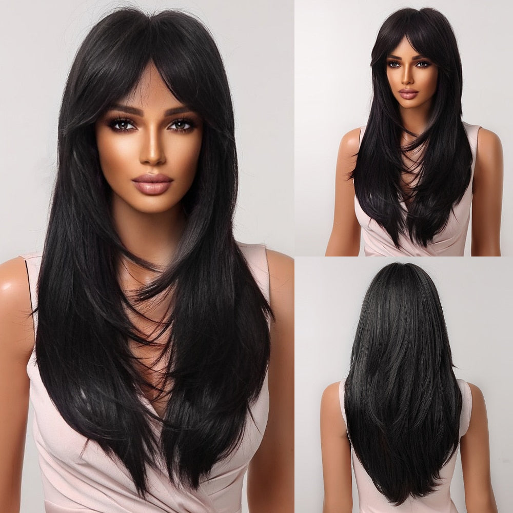 Brown Long Curly Wavy Synthetic Wigs with Blonde Highlights