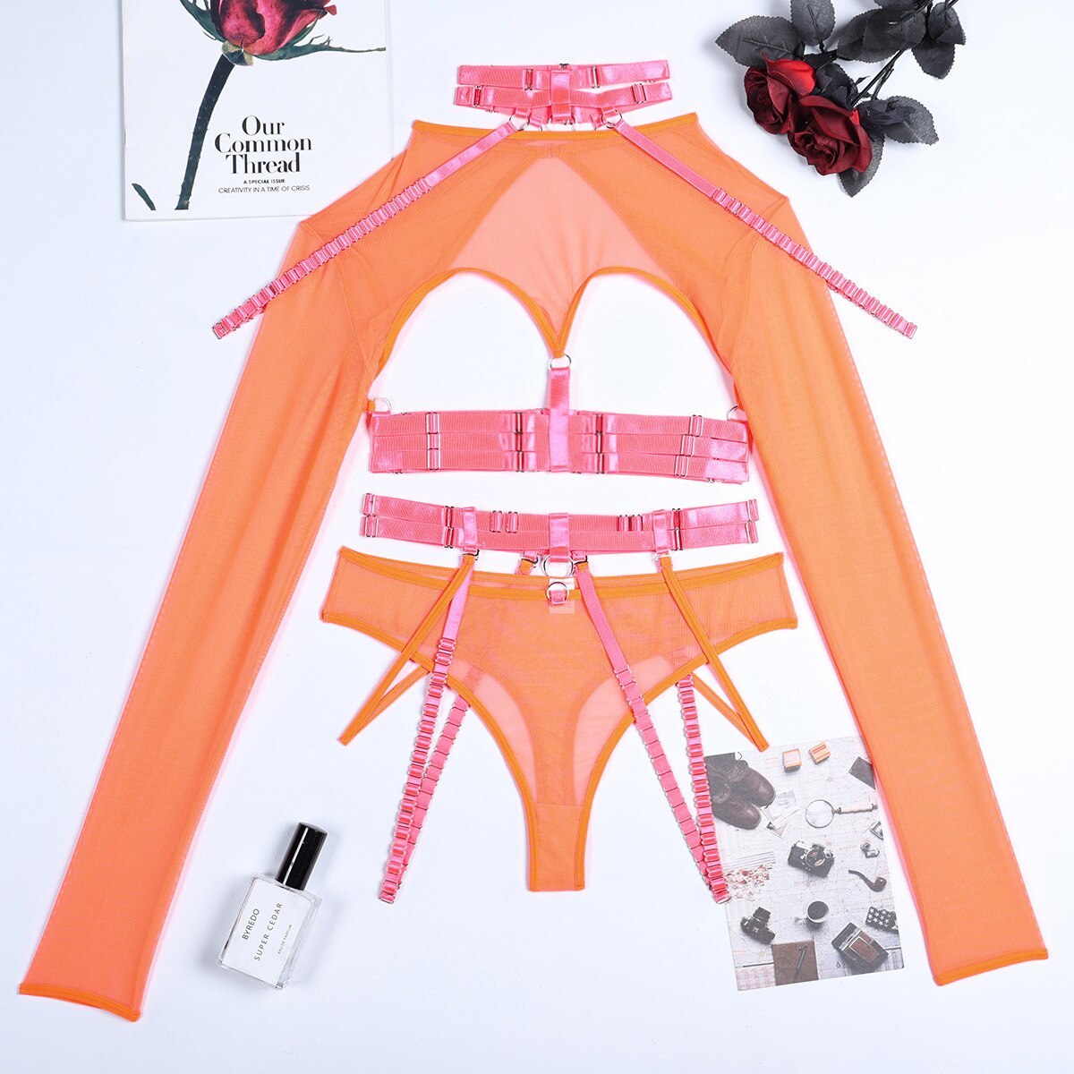 4-Piece Gothic Lingerie Set Women 11 Colors Backless Fancy Black Halter Mesh Bandage Exotic Sets