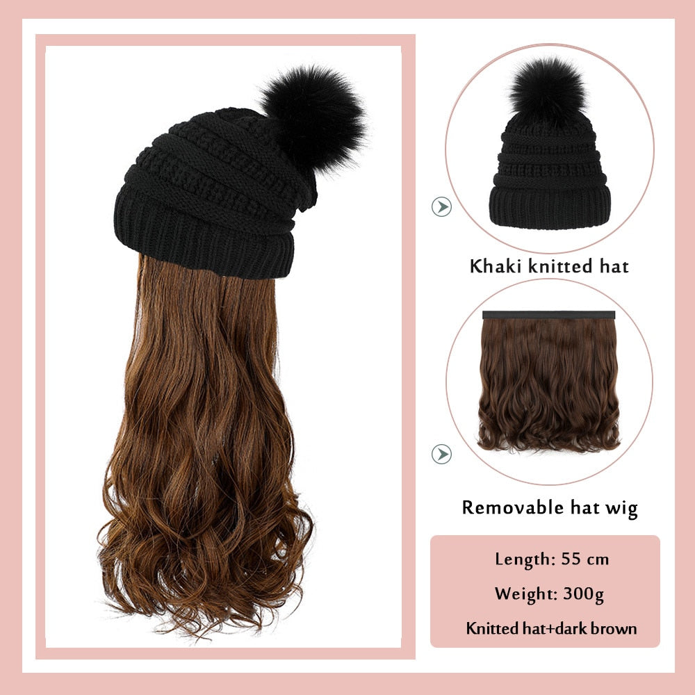 Black White Baseball Cap with Wig Long Straight Hair Curly Hair Hat Wig