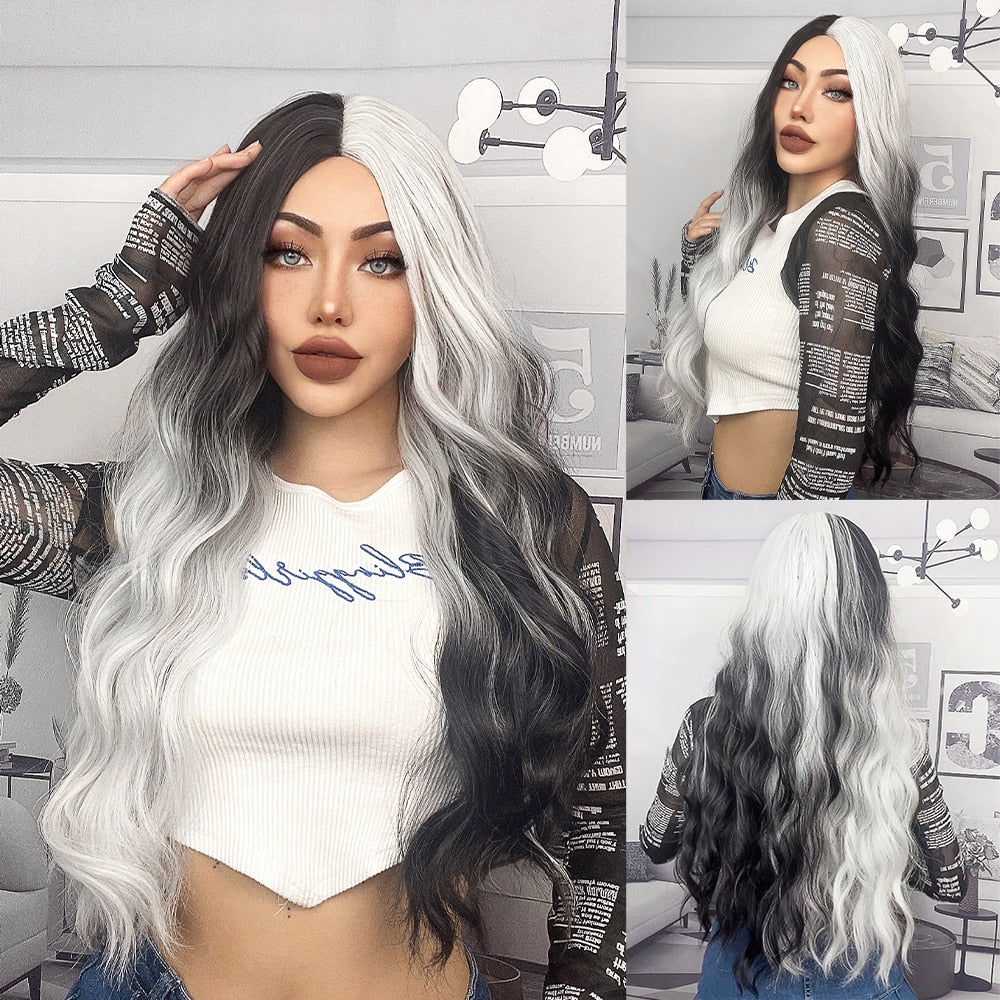 Long Wavy Ombre Black White Synthetic Wigs