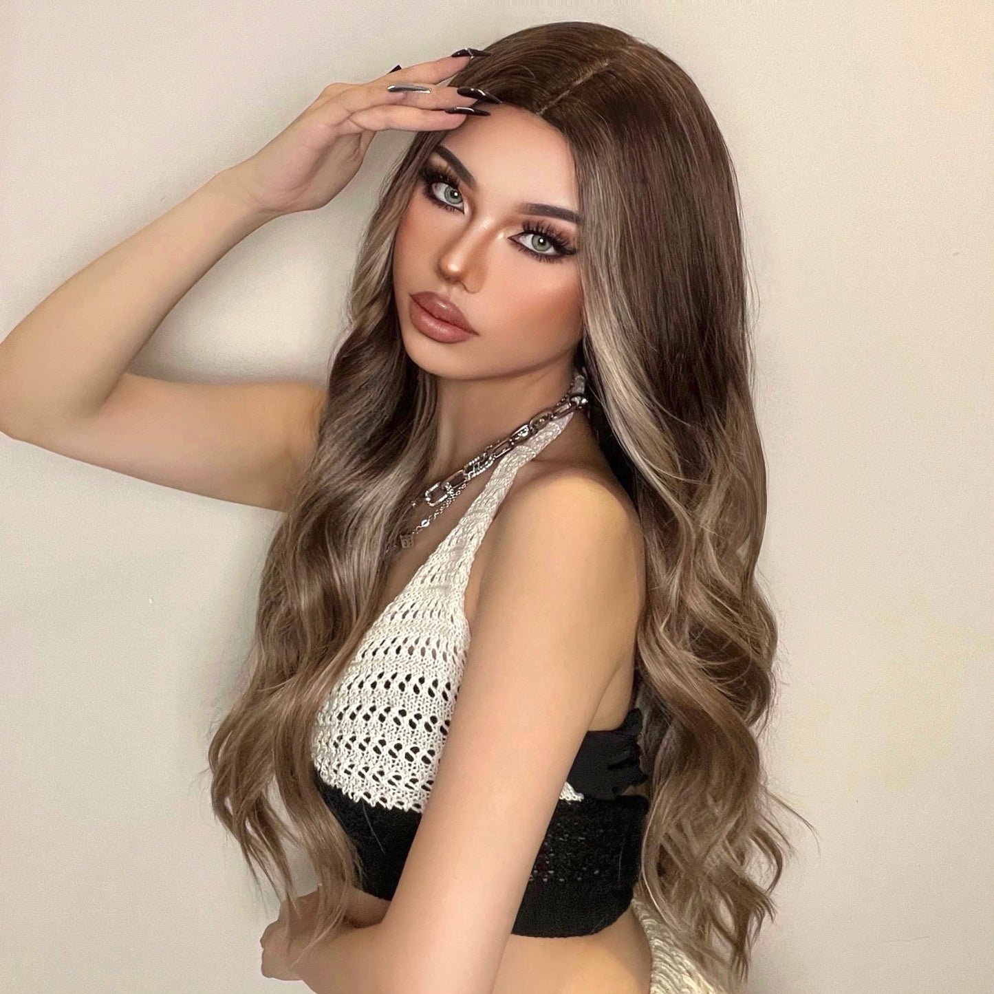 Natural Long Wavy Ombre Brown Blonde Highlight Synthetic Wigs