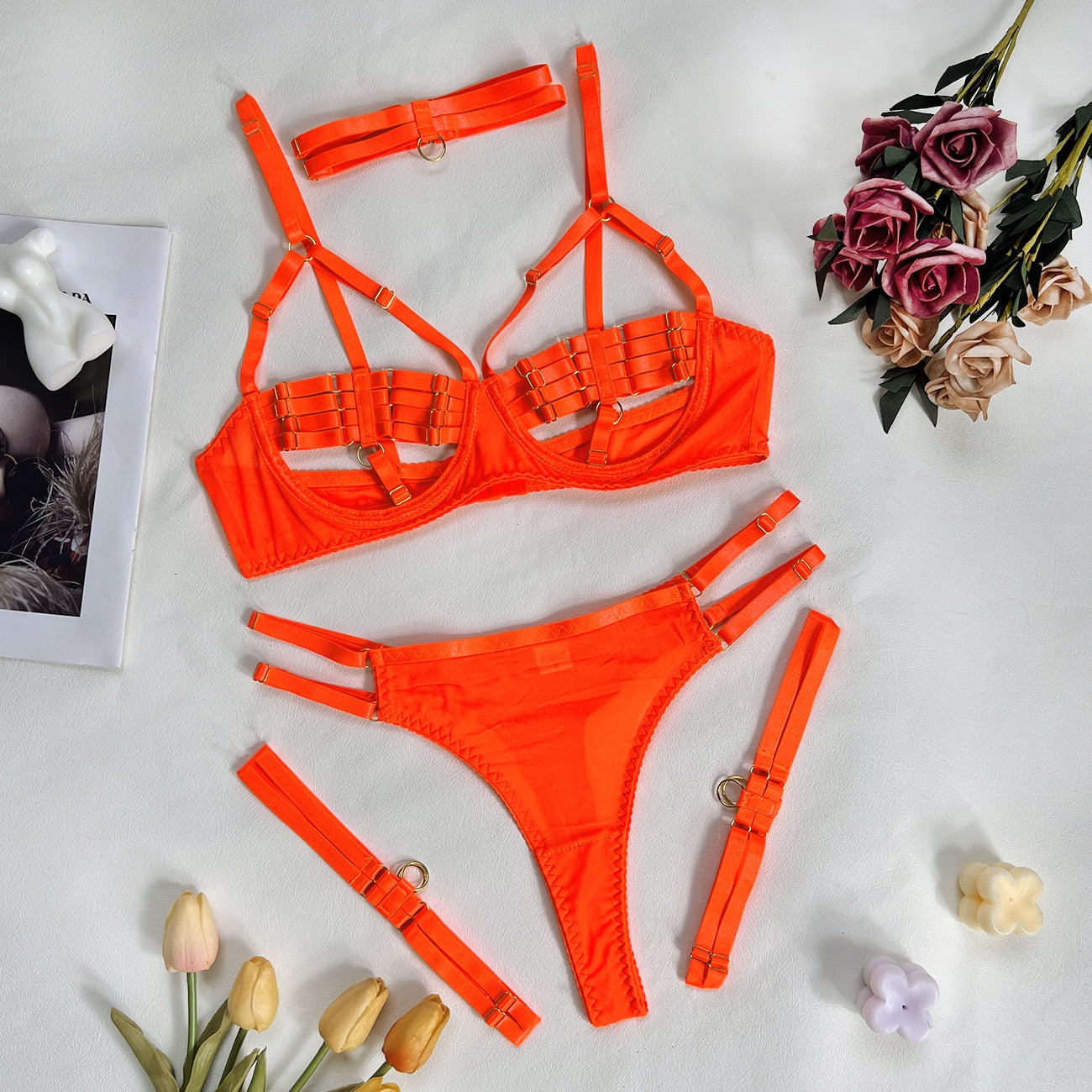 4-Piece Bandage Erotic Set Women Choker Cut Out Solid Vintage Purple Sexy Lingerie Set Breif Kit