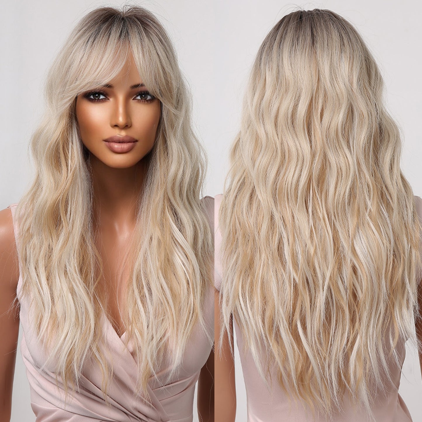 Long Wavy Ginger Brown Synthetic Wigs with Bangs