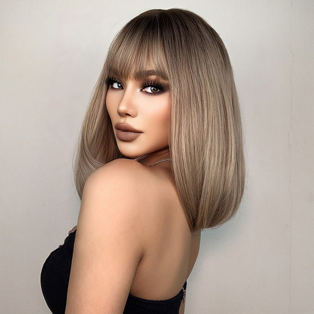 Golden Brown Short Straight Bob Synthetic Wigs with Bangs
