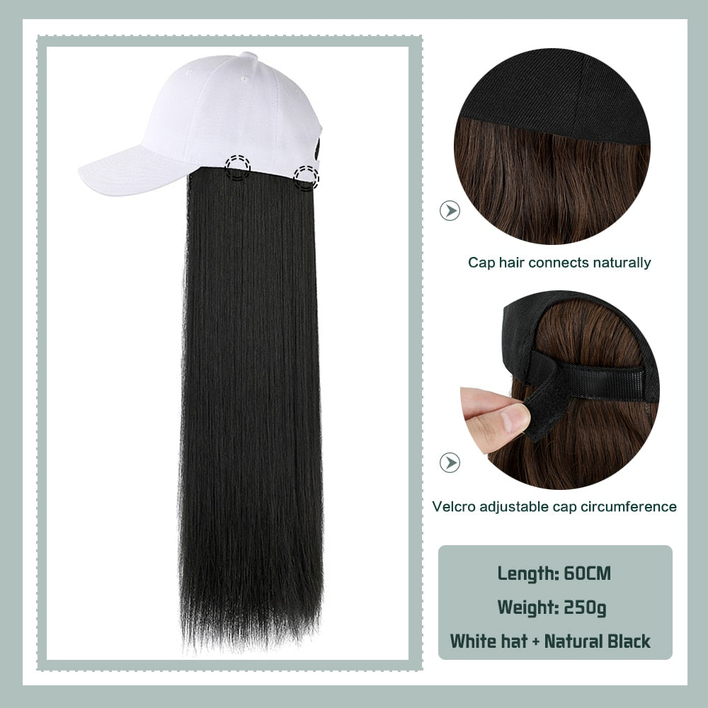 Black White Baseball Cap with Wig Long Straight Hair Curly Hair Hat Wig