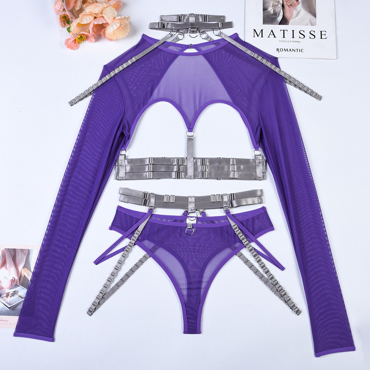 4-Piece Gothic Lingerie Set Women 11 Colors Backless Fancy Black Halter Mesh Bandage Exotic Sets