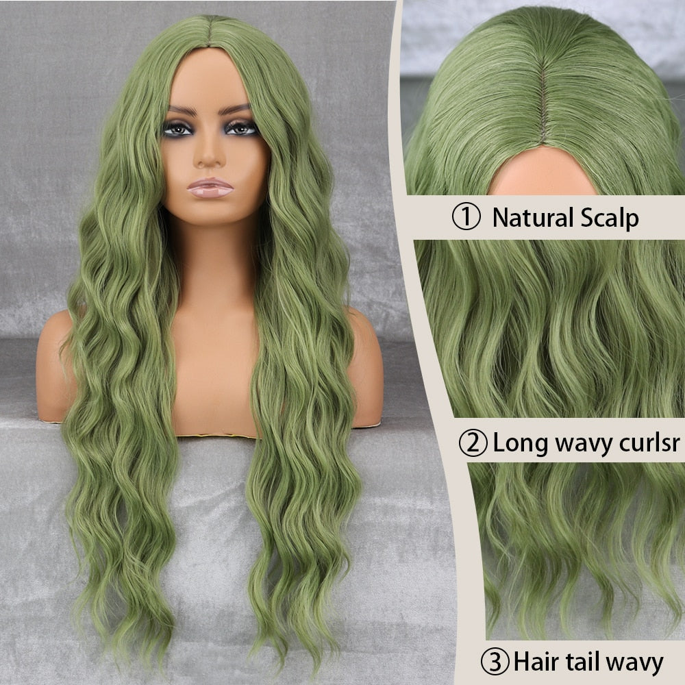 Long Wavy Green Synthetic Wig Cosplay Party Wig