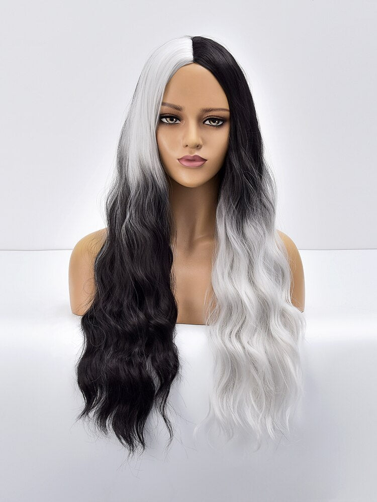 Long Wavy Ombre Black White Synthetic Wigs