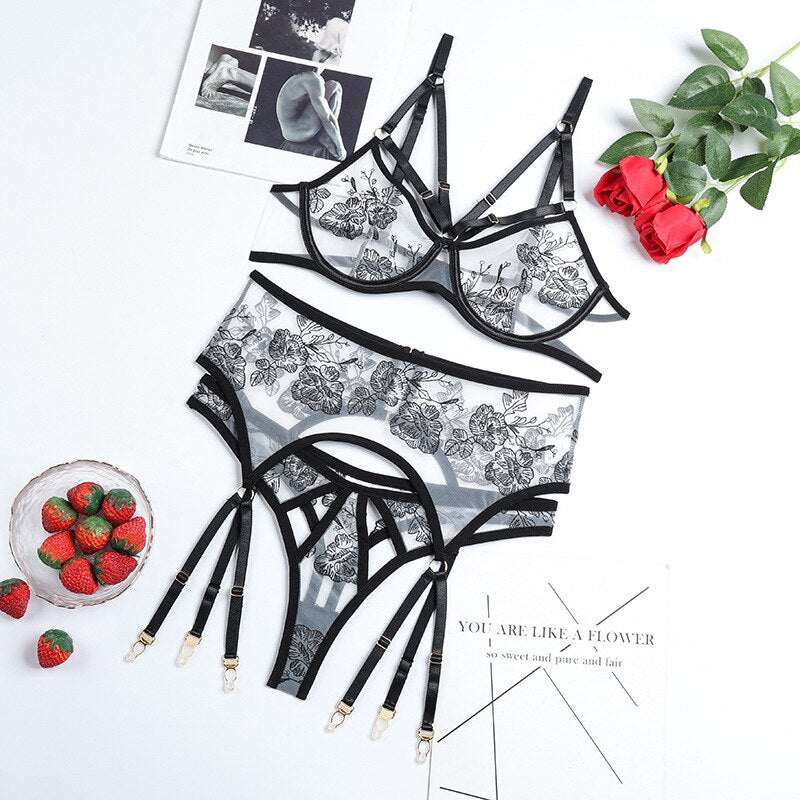 3-Piece Transparent Lace Bra Set Women Bandage Sexy Lingerie Set Ladies Flroal Black Underwear Set