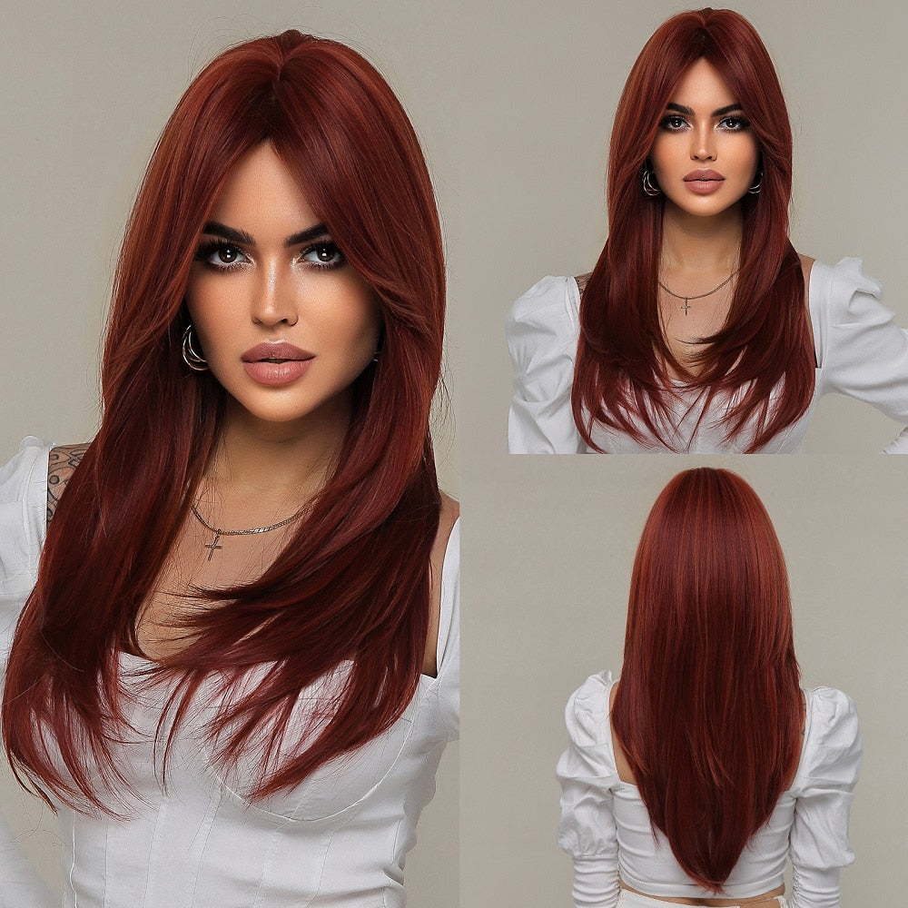 Medium Length Brown Highlight Layered Synthetic Wigs Natural Straight Hairs Wig