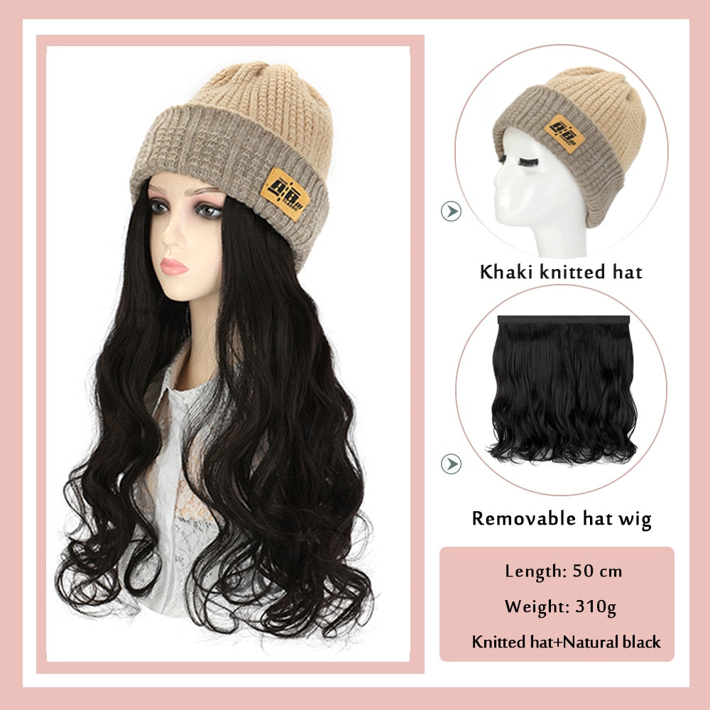 Black White Baseball Cap with Wig Long Straight Hair Curly Hair Hat Wig