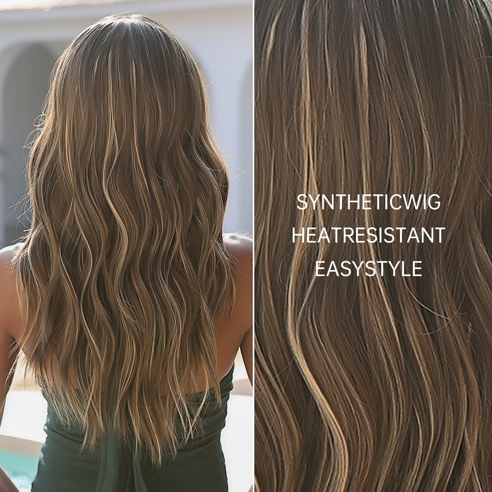 Brown Long Curly Wavy Synthetic Wigs with Blonde Highlights