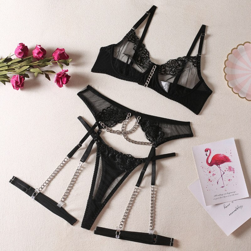 3-Piece Embroidery Lingerie Set Women 3 Colors Sexy Erotic Set Fancy Chain Luxury Garter Kit