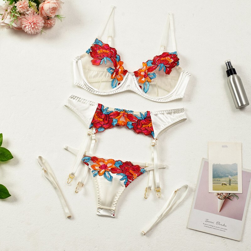3-Piece Contrast Color Lace Bra Set Women 10 Colors Embroidery Panty Underwear Set Ladies Blue Sexy Lingerie Set