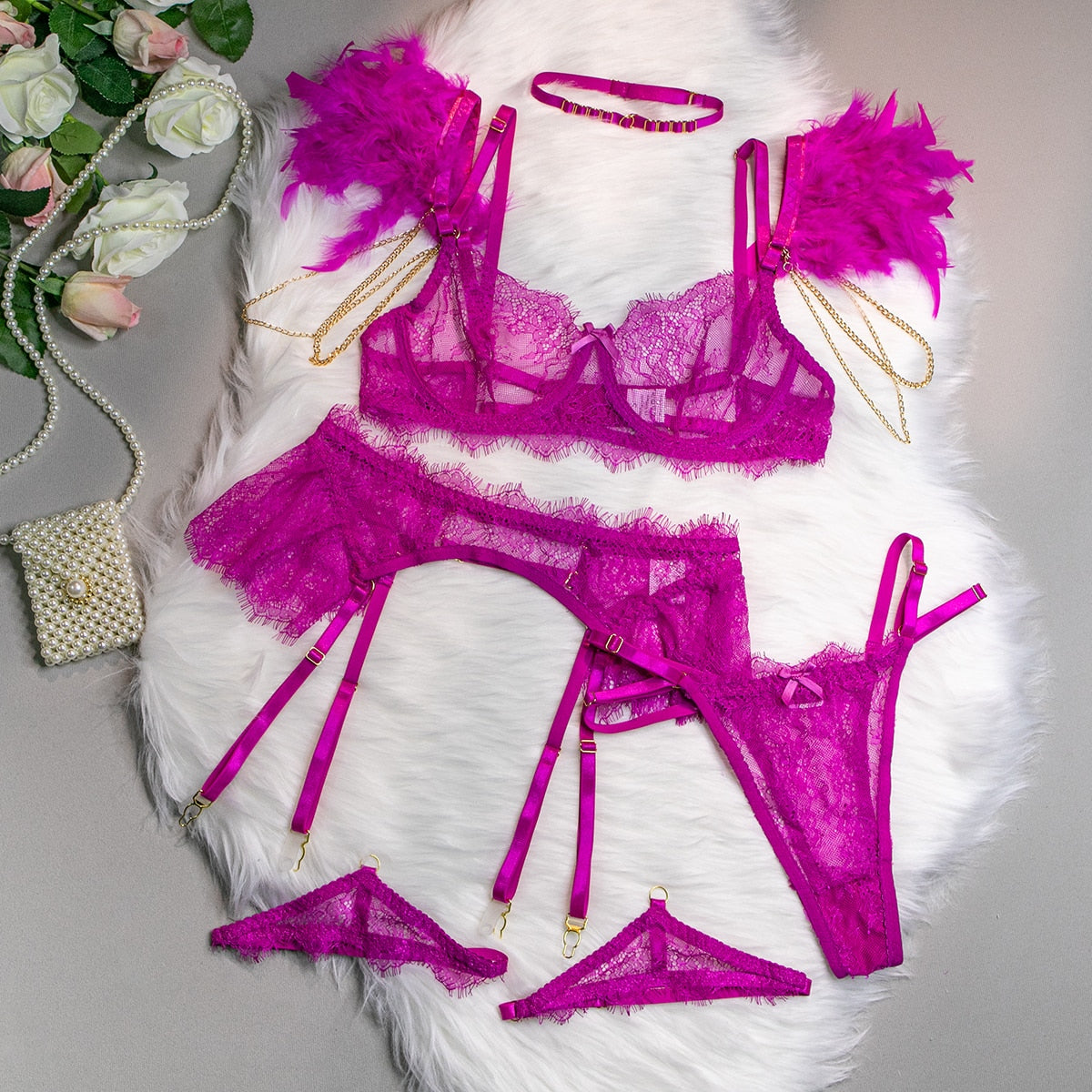 Further Luxury Sexy Lingerie Set Women 4-piece Choker Off Shoulder Lace Erotic Set Garter Brief Kit