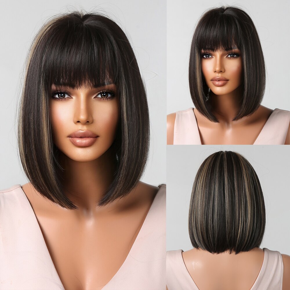 Orange Ombre Brown Short Straight Synthetic Wigs with Bangs