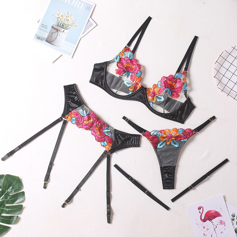 3-Piece Contrast Color Lace Bra Set Women 10 Colors Embroidery Panty Underwear Set Ladies Blue Sexy Lingerie Set