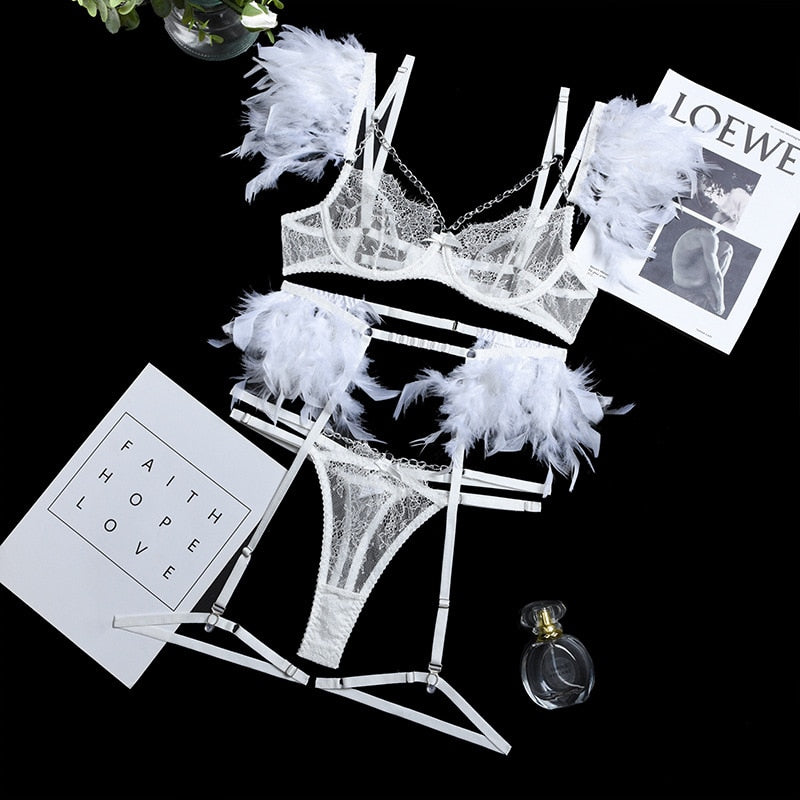 3-Piece Lace Feather Exotic Sets Women Chain Patchwork 8 Colors Panty Underwear Set Ladies Sexy Lingerie Set