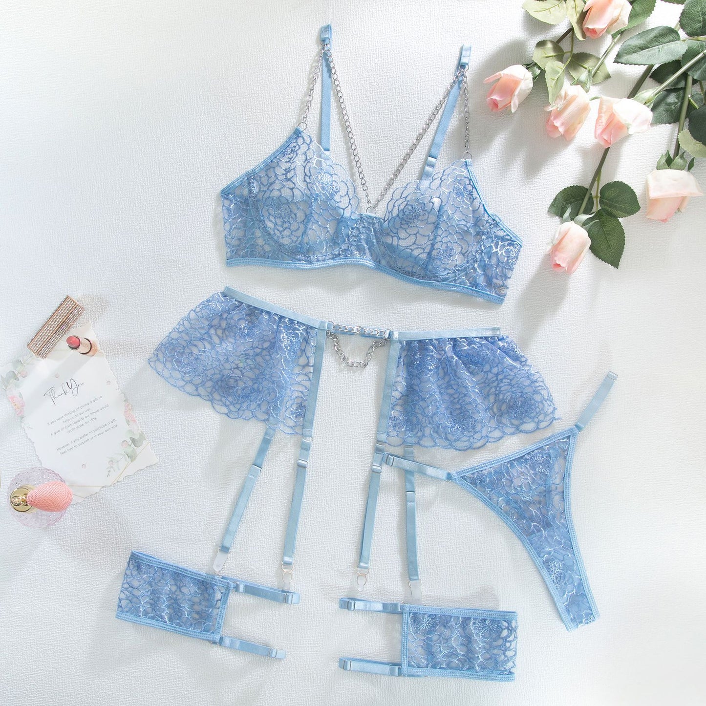 3-Piece Embroidery Lingerie Set Women Floral Chain Decorated Fairy Erotic Set Brief Sexy Underwear Set