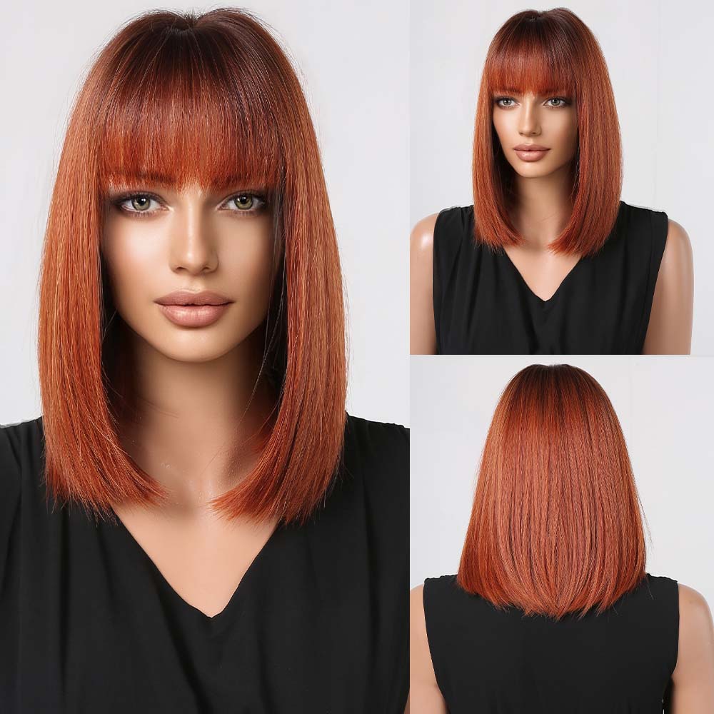 Orange Ombre Brown Short Straight Synthetic Wigs with Bangs