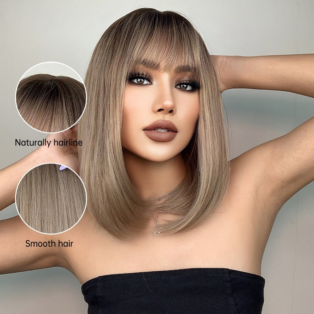Golden Brown Short Straight Bob Synthetic Wigs with Bangs
