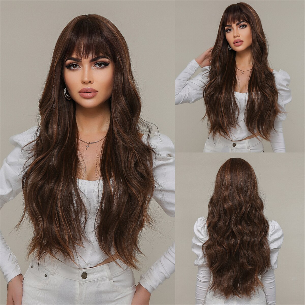 Dark Ombre Wine Red Brown Synthetic Long Wavy Wigs with Bangs