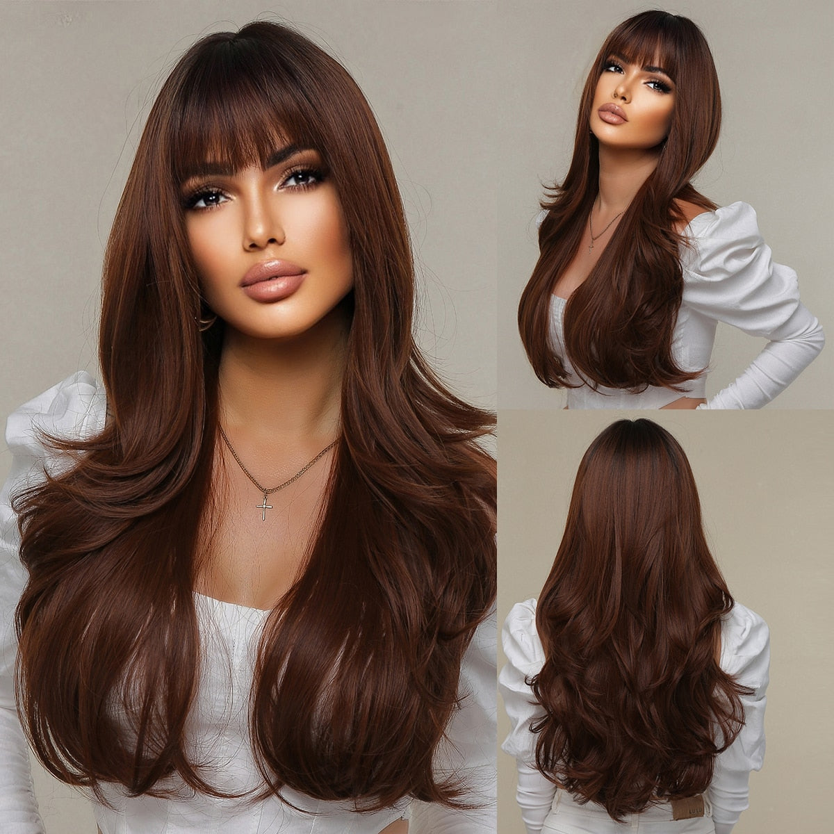 Dark Ombre Wine Red Brown Synthetic Long Wavy Wigs with Bangs