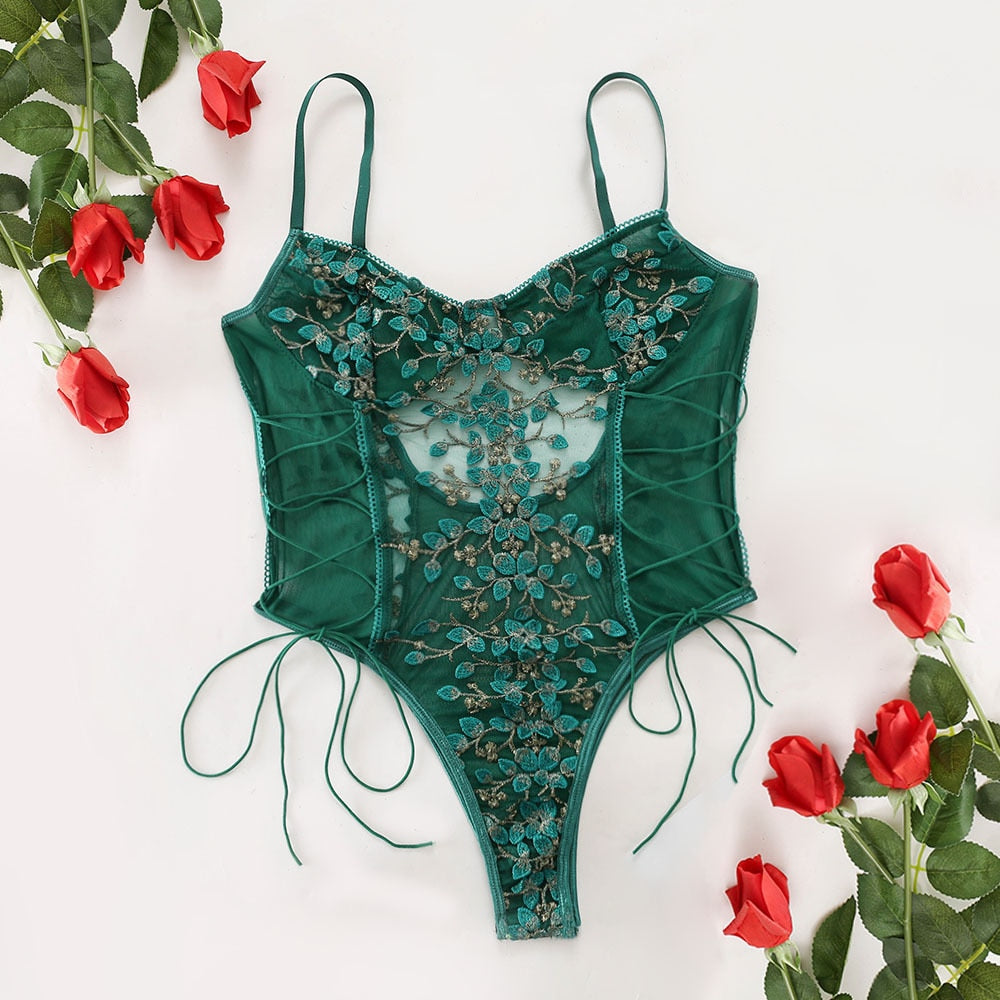 Floral Embroidery Lace Bodysuit Women 15 Colors String Lace Up Fancy Sexy Bodysuit Body Femme