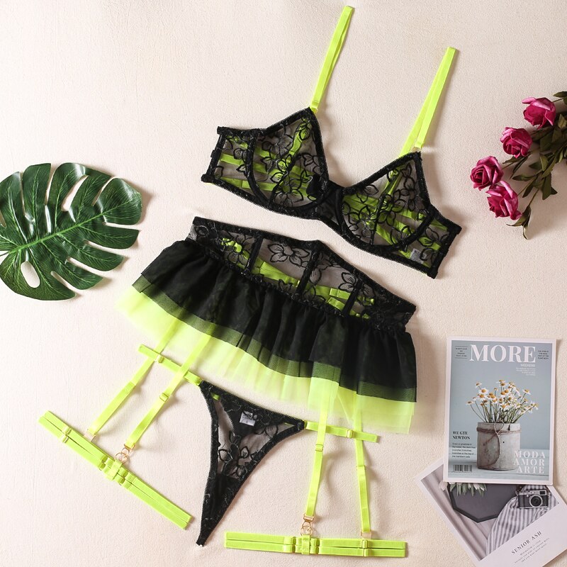 Lace Lingerie Set Women Sexy Patchwork Contrast Color Dress Mesh Brief Underwear Set Vintage Garter Kit