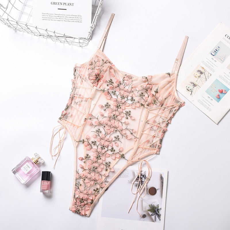 Floral Embroidery Lace Bodysuit Women 15 Colors String Lace Up Fancy Sexy Bodysuit Body Femme