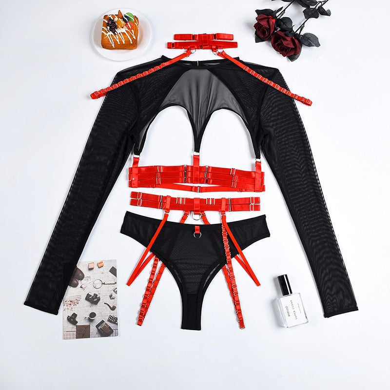 4-Piece Gothic Lingerie Set Women 11 Colors Backless Fancy Black Halter Mesh Bandage Exotic Sets