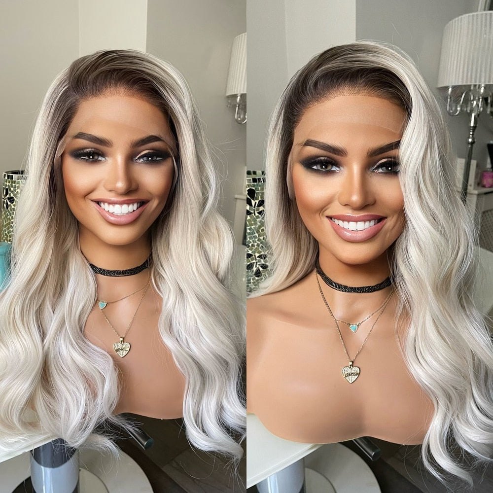 Platinum White Long Straight Lace Front Synthetic Wig 13x3 Lace Frontal Wigs Pre Plucked with Baby Hair
