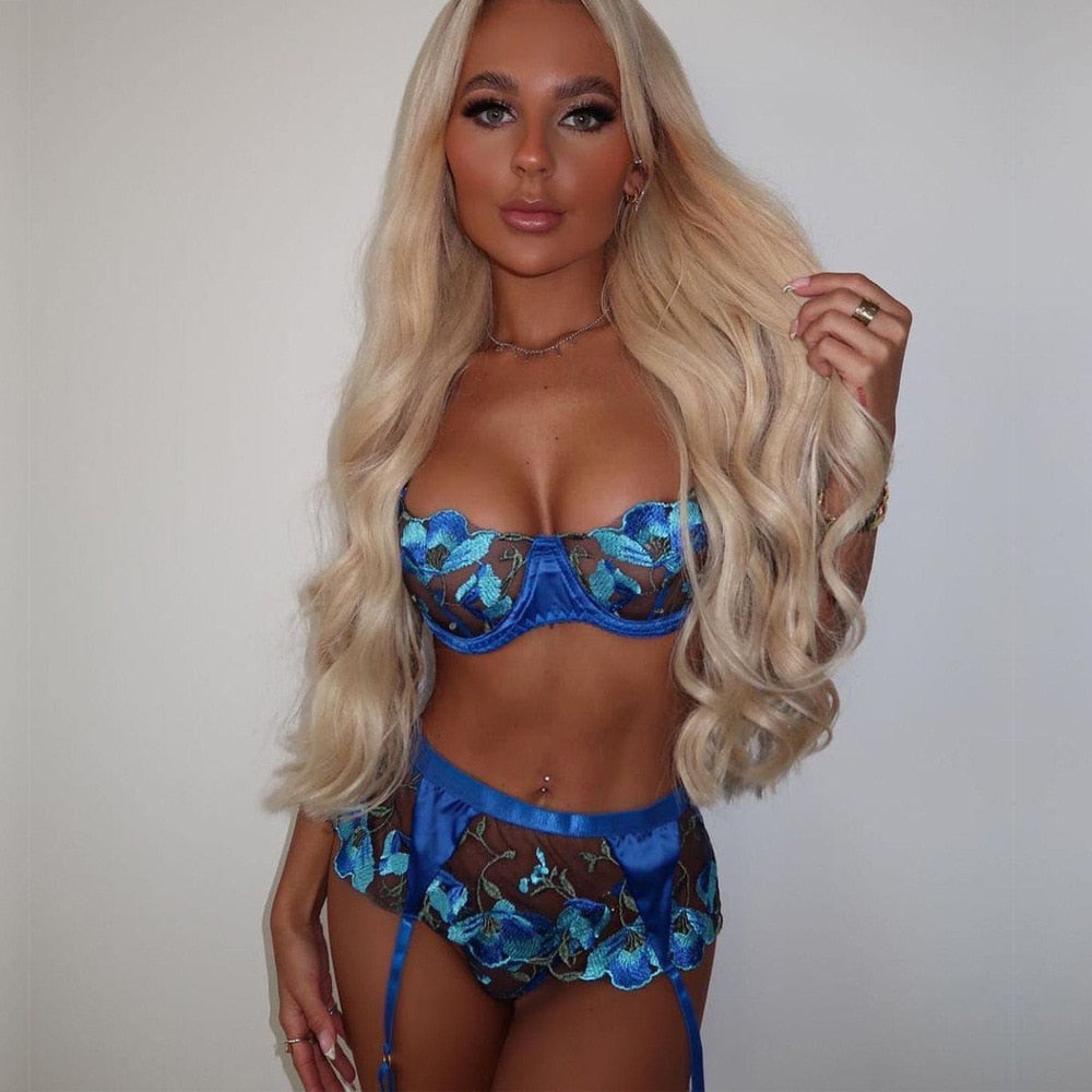 3-Piece Lace Bra Set Women Embroidery Bra + Panty Underwear Set Ladies Blue Patchwork Sexy Lingerie Set