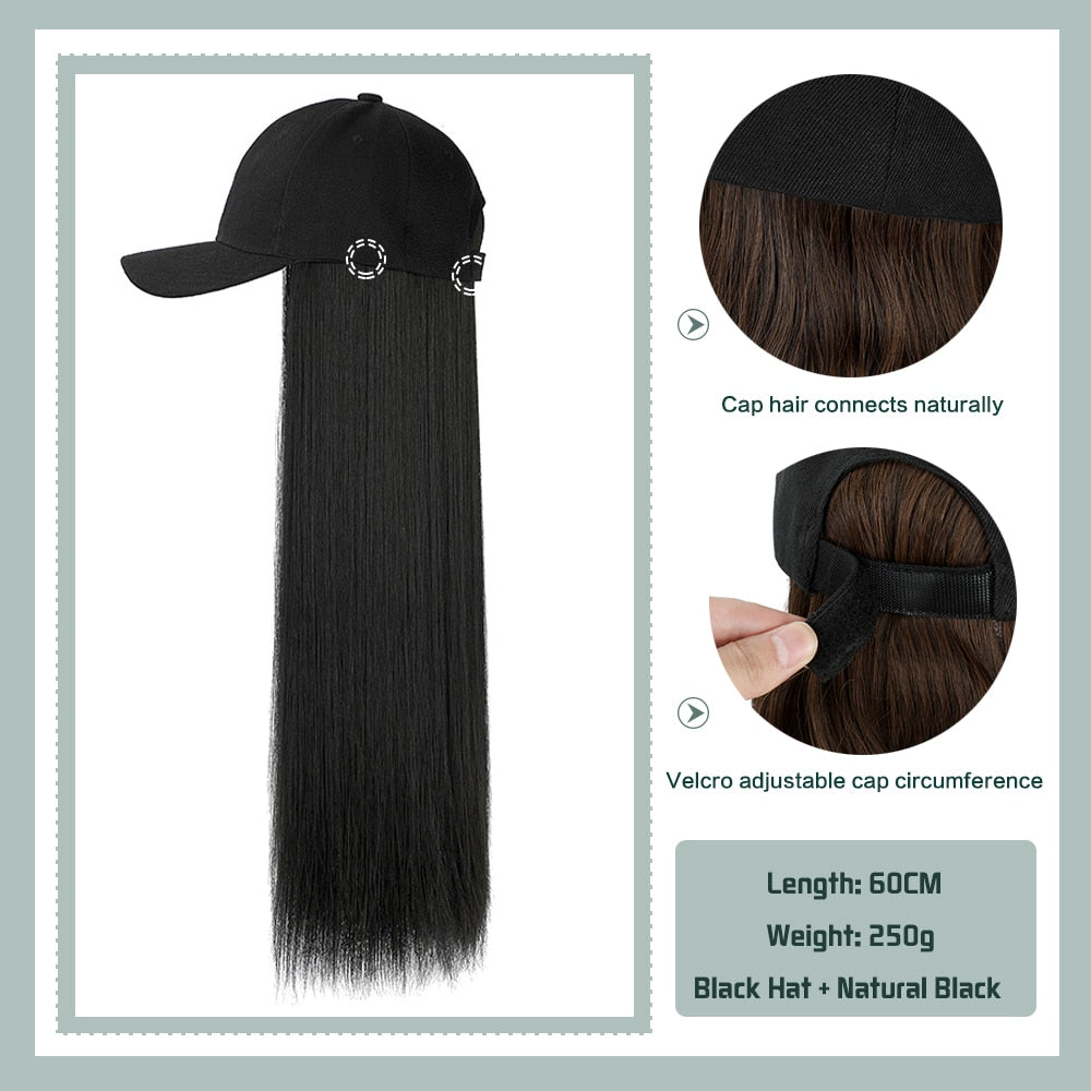 Black White Baseball Cap with Wig Long Straight Hair Curly Hair Hat Wig